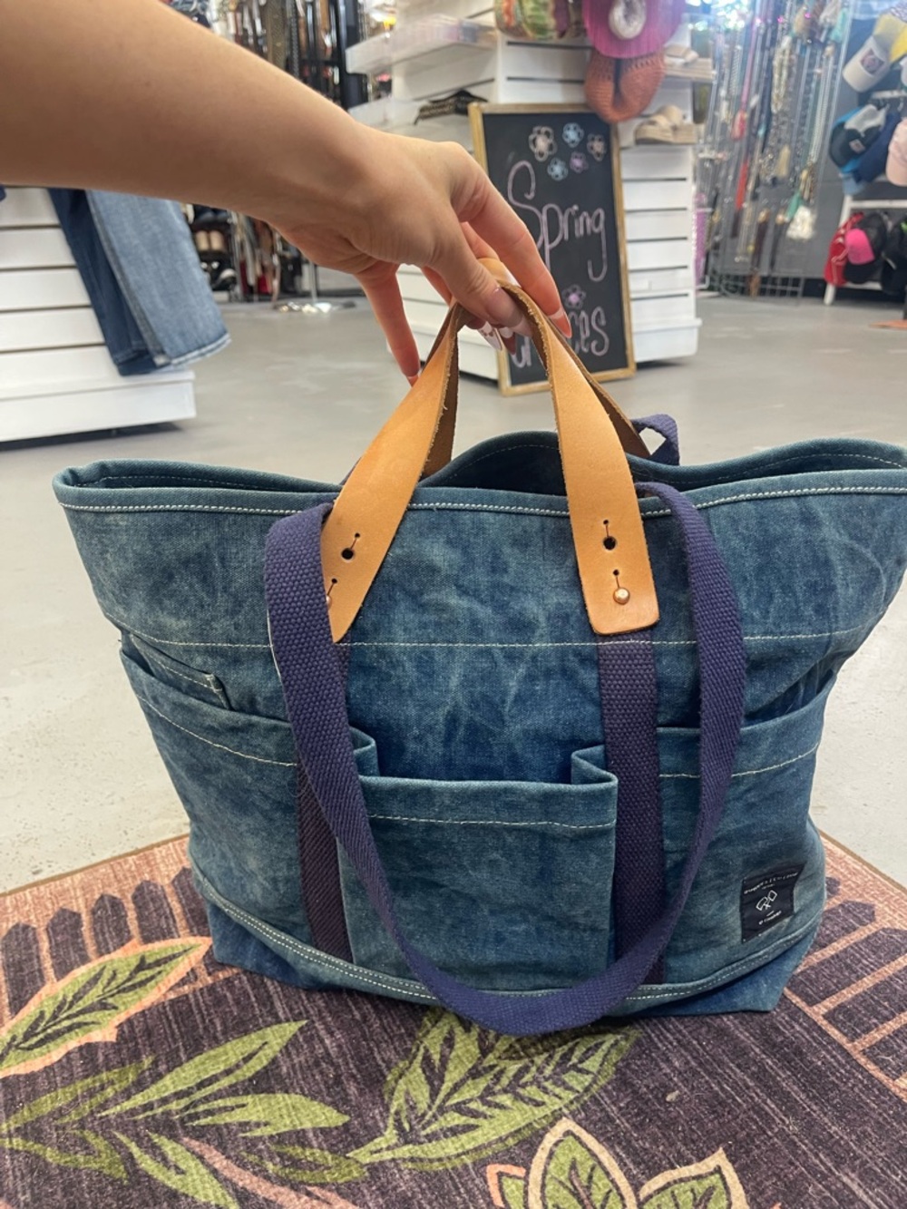 Blue Canvas Multi-Pocket Tote with Leather Top Handles - Picture 2 of 8